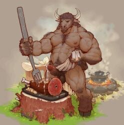 2017 belt belt_pouch biceps bison bovine brown_fur brown_hair brown_skin chest_hair cooking cum cum_in_food daddy dilf facial_hair fork genitals grass gray_background green_eyes hi_res horns humanoid_penis male male_only mammal meat muscular muscular_male nipples nude nude_male onion penis_vein pot pubic_hair rumlockerart solo solo_male tree_stump vein