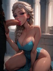 1boy 1girl ai_generated braid breast breasts cleavage disney dress earrings elsa_(frozen) eyes eyeshadow fellatio focus frozen frozen_(film) hair hetero jewelry kneeling large lipstick makeup mole oral penis solo tan uncensored veins veiny xsfmworks