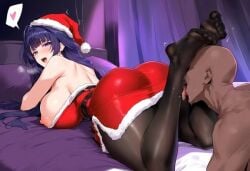 ai_generated big_breasts big_butt black_body black_legwear black_male black_male_asian_female black_male_japanese_female black_man braid braided_hair braless breasts_out christmas christmas_clothing christmas_hat christmas_headwear christmas_outfit honkai_impact honkai_impact_3 honkai_impact_3rd hoyoverse merry_christmas mihoyo mihoyo_technology_(shanghai)_co._ltd. naked_male no_bra no_eyes no_panties no_socks no_underwear pantyless purple_eyes purple_hair raiden_mei sucking_feet touching_breast white_body white_skin xmas yeeting