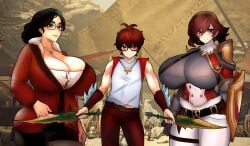 1boy 1girls 2girls age_difference alma_(monster_hunter_wilds) armor armored_female armored_gloves big_ass big_breasts black_hair blade blades boob_window breasts brown_hair camp chorquistudios clothed clothed_female clothed_male coat desert fiorayne glasses huge_breasts milf monster_hunter monster_hunter_rise monster_hunter_wilds muscular muscular_female protective scientist shield size_difference smile smiling smiling_at_viewer sword tomboy tomboy_milf trio trio_focus