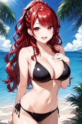 ai_generated bare_thighs beach big_breasts bikini huge_breasts huge_thighs isekai_de_cheat_skill_wo_te_ni_shita_ore_wa_genjitsu_sekai_wo_mo_musou_suru kazama_kaede light-skinned_female light_skin looking_at_viewer massive_breasts ponytail red_eyes red_hair smiling solo_female squatting sweat sweatdrop thick_body thick_female thick_thighs thighs voluptuous voluptuous_female yoshi_(artist)