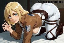 ai_generated all_fours ass attack_on_titan bangs bed belt blonde_hair blue_eyes boots breasts brown_jacket claw_pose cropped_jacket emblem erothus female fingernails grin hair_between_eyes historia_reiss jacket knee_boots krista_lenz large_breasts long_sleeves looking_at_viewer on_bed pants paradis_military_uniform parted_lips shingeki_no_kyojin shirt smile solo survey_corps_\\\\(emblem\\\\) thigh_strap white_pants white_shirt