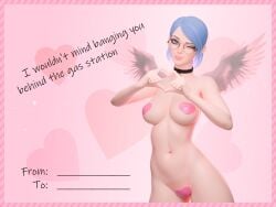 1girls 2026 3d angel_wings barely_covered big_breasts blue_eyes blue_hair breasts choker covered_nipples covered_pussy eyeglasses eyewear female female_only heart-shaped_pasties heart_hands heart_pasties hip_tilt legs_apart lipstick looking_at_viewer mostly_nude navel original original_character pasties pasty_on_pussy pink_heart pink_heart_pasties pink_lipstick pxx3d simple_background solo standing valentine's_day_card wink