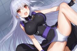 1girls ai_generated black_dress blush embarrassed female female_only long_dress long_hair lyrical_nanoha mahou_shoujo_lyrical_nanoha panties pantyshot red_eyes reinforce side_slit upskirt white_hair