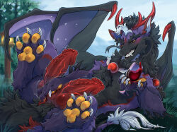 2_penises alcohol anal anal_fingering anal_masturbation animal_genitalia animal_penis anora_drakon beverage black_body black_fur black_sclera claws dragon erection feral fingering fur furred_dragon furred_scalie genitals grass hemipenes hi_res horn knot male masturbation membrane_(anatomy) membranous_wings multi_genitalia multi_penis mythological_creature mythological_scalie mythology pawpads penis plant purple_body purple_fur red_body red_fur red_horn red_knot red_penis scalie solo teeth white_body white_claws white_fur wine wings yellow_eyes yellow_pawpads