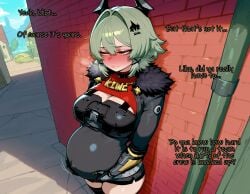 absurd_res absurdres ai_assisted ai_generated averting_eyes belt big_ass big_breasts big_butt big_thighs blush bust busty caesar_king caesar_king_(zenless_zone_zero) chest cleavage comic dialog dialogue embarrassed female fully_clothed fur_trim green_hair hair_ornament mechanical_arm original outdoors outside pov pregnancy pregnant pregnant_belly pregnant_female sandcrop short_hair skirt straps talking_to_partner talking_to_viewer wise_(zenless_zone_zero) yellow_eyes zenless_zone_zero