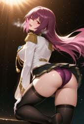 1girls ai_generated long_hair military_uniform panties pantyshot pleated_skirt purple_hair red_eyes scathach_(fate) scathach_(fate)_(sergeant_of_the_shadowlands) solo upskirt
