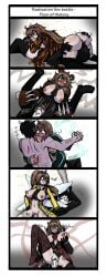 1boy 5koma 69 69_position anal anal_sex bakaiju biting biting_shoulder black_hair blood_in_mouth blowjob blush brown_hair comic different_outfits e.g.o_(project_moon) eating_ass female groping groping_breasts handholding headband library_of_ruina lobotomy_corporation malkuth_(lobotomy_corporation) project_moon red_headband roland_(library_of_ruina) sound_effects sucking sucking_penis vaginal_penetration vaginal_sex