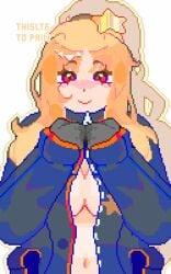 1girls animated artist_signature big_breasts blonde_hair blush distortion_detective ezra_(distortion_detective) hair_ornament long_hair looking_at_viewer nipples nude open_mouth partially_clothed pixel_animation pixel_art presenting project_moon red_eyes smile solo standing taking_clothes_off thistletopain white_background