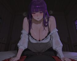 1boy ai_generated aroused bare_shoulders bedroom big_breasts blush bra cleavage couple cowgirl_position dress female femdom fern_(sousou_no_frieren) frieren_beyond_journey's_end gabrail horny imminent_sex long_hair lovers night panting passionate pov purple_eyes purple_hair romantic romantic_couple solo stark_(sousou_no_frieren) straight_hair sweat undressed undressing