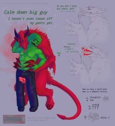 chest_hair collinlock16 demon fat_male grabbing_from_behind green_fur hooves horns i_am_big_kevin_(collinlock16) licking_penis male male_only minecraft_arg moustache oral pubic_hair red_fur sharp_claws sharp_teeth weird_penis