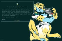 anal_fluids anthro anus artist_name blue_body bodily_fluids book book_stack caves_of_qud clothed clothing cute_fangs description digital_media_(artwork) domestic_ferret ear_piercing ear_ring english_text eyewear fangs female fur gameplay_mechanics genital_fluids genitals glasses happy hi_res holding_object looking_at_viewer mammal musk mustelid musteline natural_eyeshadow pantsless paws piercing presenting presenting_anus presenting_vulva ring_piercing robe sheba_hagadias signature simple_background smile smiling_at_viewer solo stercore_murum tail teeth text true_musteline vaginal_fluids vulva weasel yellow_body
