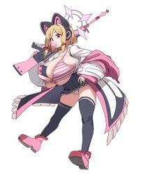 absurdres alternate_breast_size_(larger) animal_ear_headphones animal_ears between_breasts black_thighhighs blonde_hair blue_archive bow bra breasts cat_ear_headphones cat_ears chewing_gum fake_animal_ears female full_body gun gya_rb hairbow halo hand_on_own_hip hand_up headphones highres holding holding_gun holding_weapon huge_breasts jacket legs_apart long_sleeves medium_hair miniskirt momoi_(blue_archive) nintendo_switch open_clothes open_jacket panties pink_bra pink_eyes pink_shoes pleated_skirt red_bow shoes simple_background skindentation skirt solo striped_bra striped_clothes thighhighs underwear upskirt v-shaped_eyebrows weapon white_background white_jacket white_panties