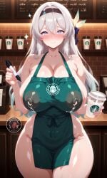 ai_generated apron apron_only areola areolae barista big_breasts blush blush_lines cleavage cleavage_cutout coffee covered_nipples fat_nipples firefly_(honkai:_star_rail) gradient_hair grey_hair hair_ornament hairband hips holding holding_pen honkai:_star_rail hoyoverse huge_nipples illyfurina lactating lactation large_areolae large_breasts legs long_hair looking_at_viewer milk milking multicolored_eyes naked_apron nervous nipples pixai puffy_nipples restaurant seducing seduction seductive seductive_body seductive_eyes seductive_female seductive_gaze seductive_look seductive_mouth seductive_pose shiny_skin shy stable_diffusion standing starbucks starbucks_barista starbucks_meme starbucks_parody starbucks_uniform sweat sweatdrop sweating taking_order thick_thighs thighs waist