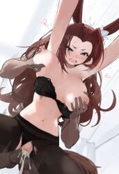 1boy absurdres artist_request black_bra black_pantyhose blue_eyes bra bra_lift breasts brown_hair clothes_lift cum cum_in_pussy cum_overflow dark-skinned_female dark_skin doggy_style ear_ornament female from_below grabbing_another's_breast groping hair_intakes highres kawakami_princess_(umamusume) large_breasts motion_lines navel nipple_stimulation nipple_tweak nipples open_mouth pantyhose second-party_source sex sex_from_behind speed_lines stomach straight sweat torn_clothes torn_pantyhose umamusume underwear