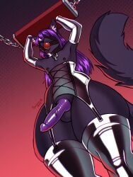 3:4 anthro areola armwear ball_gag balls bangs black_areola black_armwear black_body black_clothing black_collar black_corset black_elbow_gloves black_fur black_gloves black_handwear black_legwear black_nipples black_nose black_stockings bondage clothed clothing collar colored corset digital_drawing_(artwork) digital_media_(artwork) domestic_cat elbow_gloves erection felid feline felis fur gag gagged genitals gloves hair handwear inner_ear_fluff latex latex_clothing latex_corset latex_gloves latex_handwear latex_legwear latex_lingerie latex_stockings latex_topwear legwear lingerie long_hair low-angle_view male mammal nipples no_underwear penis purple_hair purple_penis raised_arms shaded small_waist solo standing stockings superrravi tail thick_thighs topwear tuft vein veiny_penis