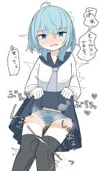 absurdres black_thighhighs blue_eyes blue_hair blue_skirt blush commentary_request female grey_thighhighs highres himitsushiba long_sleeves looking_at_viewer medium_hair necktie nervous nervous_sweating original panties purple_necktie school_uniform shirt skirt solo standing striped_clothes striped_panties sweat sweatdrop thighhighs underwear upskirt urine white_background white_shirt