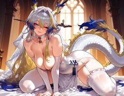 ai_generated arknights balecxi blonde_hair blue_eyes blue_hair bridal_gauntlets choker cleavage dragon_girl dragon_horns dragon_tail dress earrings female garter_straps jewelry large_breasts long_hair looking_at_viewer multicolored_hair one_eye_closed pointy_ears shu_(arknights) smile solo thighs white_gloves white_thighhighs