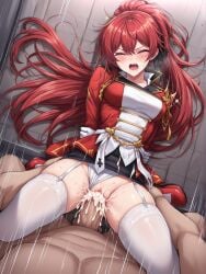 ai_generated breasts closed_eyes drooling elesis_(elsword) elesis_(empire_sword) elsword empire_sword_(elsword) gangbang military panties pantyshot rape raped_female screaming uniform upskirt