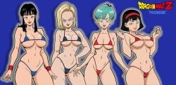 4girls android_18 asian asian_female big_breasts black_eyes black_hair black_hair_female blonde blonde_female blonde_hair blonde_hair_female blue_eyes blue_eyes_female bulma bulma_(dragon_ball) bulma_briefs cameltoe chichi chichi_(dragon_ball) cleavage curvy diadem dragon_ball dragon_ball_super dragon_ball_z erect_nipples female female_only huge_areolae huge_ass pixiqueenie puffy_nipples red_lips short_hair short_hair_female small_breasts takeyourpick thick_lips videl voluptuous wide_hips yellow_hair
