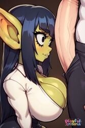 ai_generated amazed bangs cock cock_worship curvy_figure goblin goblin_female huge_breasts huge_cock imminent_oral long_hair office_lady playfulcrit secretary shortstack voluptuous_female wide_eyed