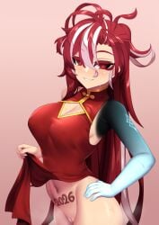 adrestia_(elsword) china_dress chinese_clothes chinese_new_year commentary dress elesis_(elsword) elsword female fi-san highres looking_at_viewer multicolored_hair ponytail pussy streaked sweat