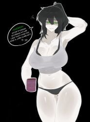 1girls anger_vein arm_behind_head arm_up armpits black_hair black_underwear coffee doll_dol1 drink female green_eyes holding_object long_hair milf mole mole_on_breast mug partially_clothed ponytail renee_graves solo solo_female tank_top the_coffin_of_andy_and_leyley underwear