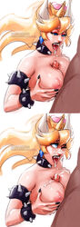 1boy 1girls ailaanne animal_humanoid areolae big_breasts blonde_hair blue_eyes bowsette breasts collar crown cum cum_on_breasts cum_on_face ear_piercing female genderswap hair human humanoid male mammal mario_(series) nail_polish new_super_mario_bros._u_deluxe nintendo nipples one_eye_closed paizuri penis piercing saliva sex spiked_collar spikes straight super_crown video_games white_background