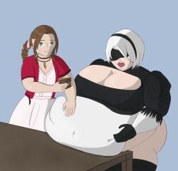 2girls aerith_gainsborough bbw big_breasts blindfold breasts fat female female_only final_fantasy final_fantasy_vii food hairband huge_belly huge_breasts light-skinned_female light_skin nier nier:_automata obese overweight short_hair softvampire69 solo white_hair yorha_2b