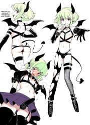 1boy androgynous ass ass_focus bat_wings bob_cut bulge bulge_through_clothing choker collar crossdressing demon devil_horns devil_tail dialogue femboy femboy_only incubus lio_fotia male multiple_views petite petite_body petite_male promare short_hair slim slim_male slim_waist solo succubu succubus succubus_costume succubus_horns succubus_tail succubus_wings text tongue_out twink
