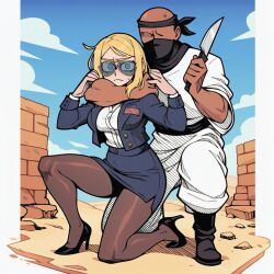 1boy 1girls ai ai_assisted ai_generated american_flag aviator_sunglasses blonde_hair blouse blue_eyes caught_off_guard choke_hold heels imminent_rape knife long_hair miniskirt moments_before_disaster oc original pantyhose prussia123 sexy sexy_body sexy_female skin_tight terrorist thick thick_thighs weapon