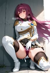 1girls, ai_generated long_hair military_uniform panties pantyshot pleated_skirt purple_hair red_eyes scathach_(fate) scathach_(fate)_(sergeant_of_the_shadowlands) solo upskirt