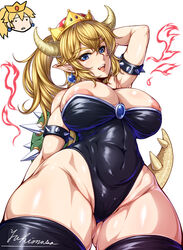 2girls alternate_version_available blonde_hair blue_eyes bowsette bursting_breasts cameltoe cleavage curvy erect_nipples female female_only genderswap huge_areolae large_breasts long_hair mario_(series) masa_yuki multiple_girls new_super_mario_bros._u_deluxe nintendo nipple_slip princess_peach puffy_nipples solo_focus super_mario_bros. thick_thighs thighhighs tight_clothing voluptuous white_background wide_hips