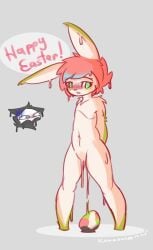 after_transformation ambiguous_gender anthro artist_name black_body black_fur blush canid canine canis changed_(video_game) duo ears_down easter egg english_text fur goo_creature goo_transformation green_eyes grey_background hair happy_easter hi_res holidays human ids_(user) korosal lagomorph latex_bunny_(ids) leporid lin_(changed) male male/male mammal multicolored_egg oviposition pivoted_ears pregnant pregnant_male puro_(changed) rabbit red_hair shocked simple_background slime species_transformation text transformation white_mask wolf yellow_body