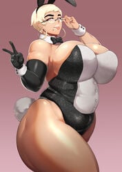 1girls bimbo blonde_hair blush bowtie breasts bunny_costume bunny_ears bunny_tail bunnygirl bunnysuit busty chubby cleavage detached_collar donaught eyeshadow female female_only hoop_earrings huge_breasts lipstick looking_at_viewer makeup miffu milf original solo_focus thick_thighs tongue_out voluptuous wrist_cuffs