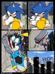 2026 absurd_res anthro areola backpack badnik black_body blue_body blue_hair bodily_fluids bottomwear breasts buzzbomber clothing comic destruction english_text eulipotyphlan eyelashes female footwear genitals gloves grey_body grimace hair handwear hedgehog hi_res justtaylor kick machine mammal motion_blur mtf_crossgender multicolored_body nipples outside plump_labia robot rule_63 sega shirt shoes shorts sneakers sonic_(series) sonic_the_hedgehog sonic_the_hedgehog_(series) standing sweat sweatdrop t-shirt text tongue tongue_out topwear vulva