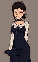 1futa blush bow brown_hair bulge_under_clothes chainsaw_man choker clothed dress embarrassed embarrassed_clothed_female erection_under_clothes erection_under_clothing fully_clothed futa_focus futanari hair_ornament higashiyama_kobeni jeteggs kobeni_higashiyama large_penis looking_at_viewer medium_breasts ribbon solo sweat sweatdrop worried_expression