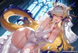 ai_generated arknights balecxi bare_shoulders blonde_hair blue_eyes blue_hair bridal_gauntlets cleavage dragon_girl dragon_horns dragon_tail earrings female finger_to_mouth garter_straps jewelry large_breasts long_hair looking_at_viewer multicolored_hair pointy_ears shu_(arknights) solo strapless thighs veil wedding_dress white_dress white_thighhighs