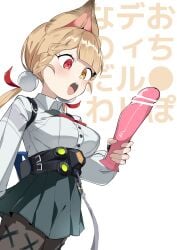 absurdres alice_thymefield animal_ears blonde_hair blush breasts commentary_request dildo female hair_ornament heterochromia highres holding holding_sex_toy huge_dildo long_hair open_mouth pyoru_usagi_piyo rabbit_ears rabbit_girl sex_toy shirt sphere_hair_ornament white_shirt zenless_zone_zero