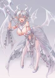 1girls absurd_res axe between_breasts clothing crouching demon demon_girl demon_horns dress duel_monster earrings fangs female female_only guieyi happy horns konami labrynth_of_the_silver_castle large_breasts legwear looking_at_viewer lovely_labrynth_of_the_silver_castle necklace no_bra object_between_breasts open_mouth pointy_ears princess queen safe shoes side_view sideboob silentcity silver_eyes smile solo standing twintails weapon white_dress white_hair wings yu-gi-oh!