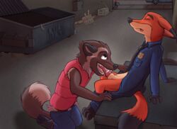 2boys alley canine clothed clothing colrblnd_(artist) disney duzt_(artist) fan_character fellatio fox furry male male_only mammal mustelid nick_wilde oral paws penis sex spread_legs spreading teeth traditional_media_(artwork) virgil_(character) watercolor_(artwork) wolverine yaoi zootopia