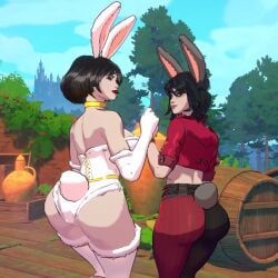 2girls 3d animated ass big_ass big_breasts bikini breasts butt_bump crop_top cropped_jacket fairy_tales fake_animal_ears fake_rabbit_ears female female_protagonist high_heels human leotard mass_creation midriff navel red_hood_(swords_and_slippers) short_shorts shorts snow_white_(swords_and_slippers) sound strapless_leotard swords_and_slippers tagme thick_thighs thighhighs video video_games white_leotard white_thighhighs wolf_girl
