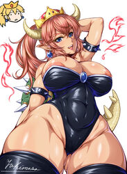 2girls alternate_version_available blue_eyes bowsette bursting_breasts cameltoe cleavage curvy erect_nipples female female_only genderswap huge_areolae large_breasts long_hair mario_(series) masa_yuki multiple_girls new_super_mario_bros._u_deluxe nintendo nipple_slip princess_peach puffy_nipples red_bowsette red_hair solo_focus super_mario_bros. thick_thighs thighhighs thumbs_up thunder_thighs tight_clothing voluptuous white_background wide_hips