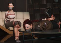 bondage chest_harness cyberpunk_2077 damsel_in_distress hogtie hogtied hogtied_and_gagged on_couch on_table rope rope_bondage rope_harness tape tape_gag tied_up two_girls v_(cyberpunk_2077) valerie_(cyberpunk_2077)