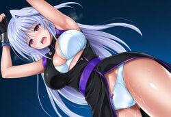 1girls ai_generated black_dress blush embarrassed female female_only long_dress long_hair lyrical_nanoha mahou_shoujo_lyrical_nanoha panties pantyshot red_eyes reinforce side_slit upskirt white_hair