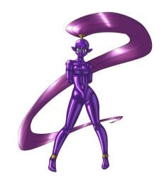 1girls arms_tied_behind_back big_hair blue_eyes bodysuit closed_mouth closed_mouth_smile closed_smile dark-skinned_female dark_skin female female_only femsub genie genie_girl gimp gimp_suit half-genie ladyvioli latex latex_bodysuit latex_hood long_hair long_ponytail long_purple_hair looking_at_viewer ponytail purple_bodysuit purple_hair purple_latex purple_ponytail shantae shantae_(character) solo standing very_long_hair wayforward