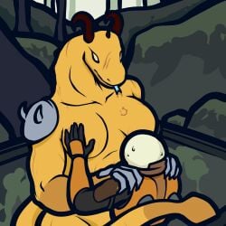 1boy 1girls 2022 anthro armor clothed clothed_male clothed_male_nude_female commando_(risk_of_rain) elder_lemurian female height_difference holding_breast horns kiss_in_the_storm lizard male male/female orange_clothing risk_of_rain risk_of_rain_2 size_difference sweat sweatdrop tail tongue tongue_out yellow_body yellow_eyes yellow_skin