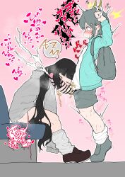 1futa 1girls absurdres aqua_jacket arms_up bag bar_censor black_hair black_shoes blush censored cevio chair closed_eyes commentary_request cum ejaculation erection flower from_side futa_with_female futanari grey_hair grey_hoodie grey_leg_warmers grey_shoes grey_shorts hair_flower hair_ornament hand_grip highres holding_hand_grip hood hood_down hoodie huge_cock inabakumori iyowa_girls jacket kurari-chan_(iyowa) kyu-kurarin_(cevio) leg_warmers long_hair long_sleeves low_twintails medoshikorinda motion_lines multiple_girls mv_character on_chair orgasm osage-chan penis pink_background pink_eyes rolling_eyes school_bag shirt shoes short_hair shorts sidelocks sitting sleep_molestation sleeping sleeves_past_fingers sleeves_past_wrists socks spoken_zzz standing sweat tiptoes track_jacket train_interior translation_request twintails twitching vocaloid white_shirt white_socks zzz