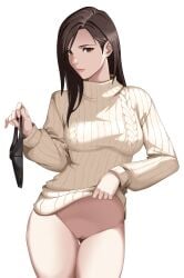 absurdres bottomless breasts brown_eyes brown_hair censored closed_mouth clothes_lift cowboy_shot female final_fantasy final_fantasy_vii highres holding holding_unworn_clothes indy_k large_breasts lifting_own_clothes lips mosaic_censoring panties pussy simple_background solo standing sweater sweater_lift tifa_lockhart turtleneck turtleneck_sweater underwear unworn_panties white_background white_sweater