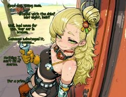 absurd_res absurdres ai_assisted ai_generated ass big_ass blonde_hair comic crop_top detached_sleeves dialog dialogue female fully_clothed gloves goggles goggles_around_neck green_eyes hair_ornament looking_at_viewer original outdoors outside piper_wheel pov sandcrop shirt small_breasts smiling smiling_at_viewer talking_to_partner talking_to_viewer thick thick_ass white_sleeves wise_(zenless_zone_zero) yellow_gloves zenless_zone_zero